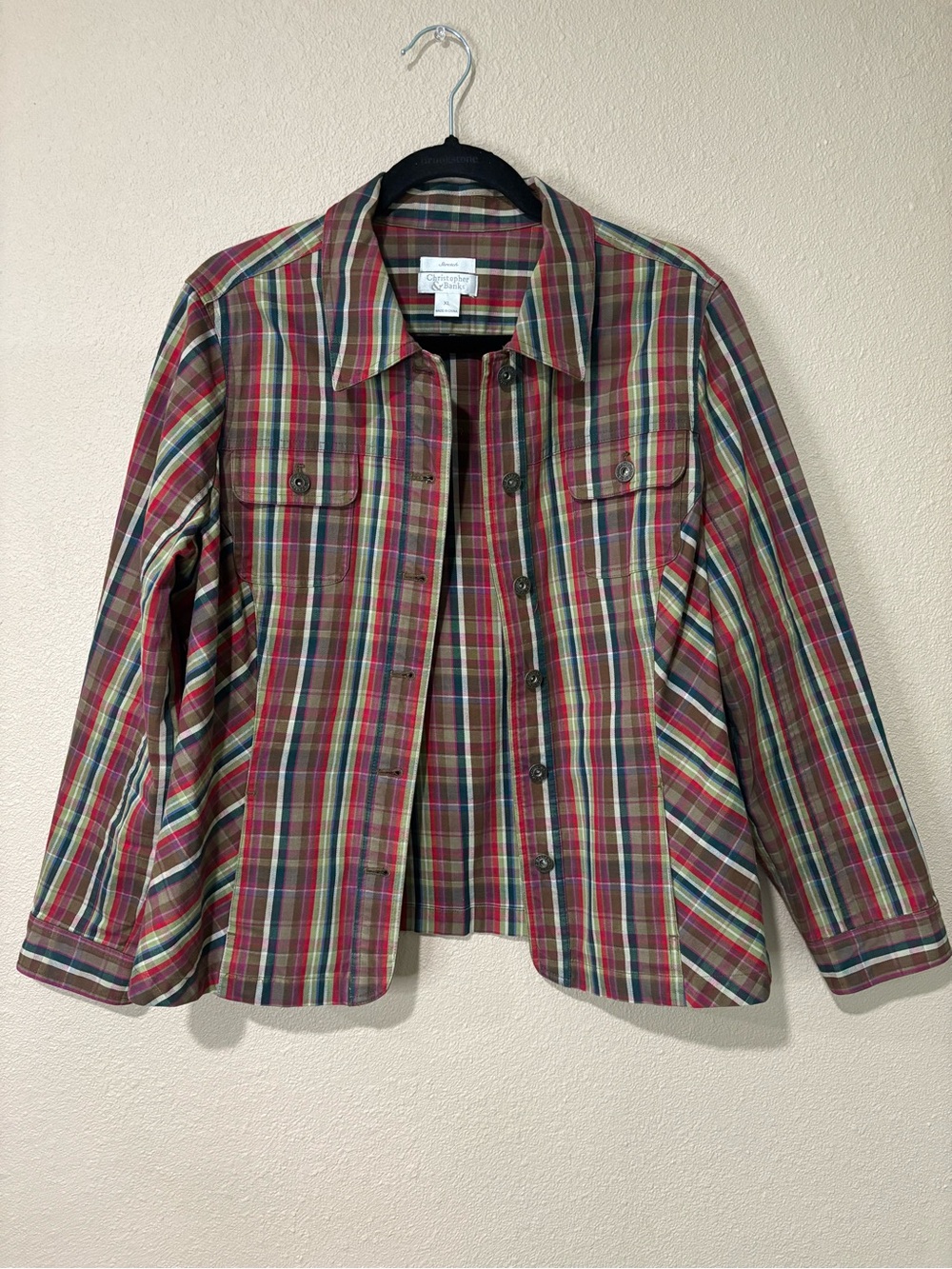 Christopher & Banks light weight Red and Green Plaid Button-Front Jacket